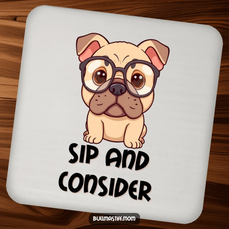 Funny Bullmastiff dog wearing oversized spectacles, looking thoughtful, designed on a protective drink coaster.