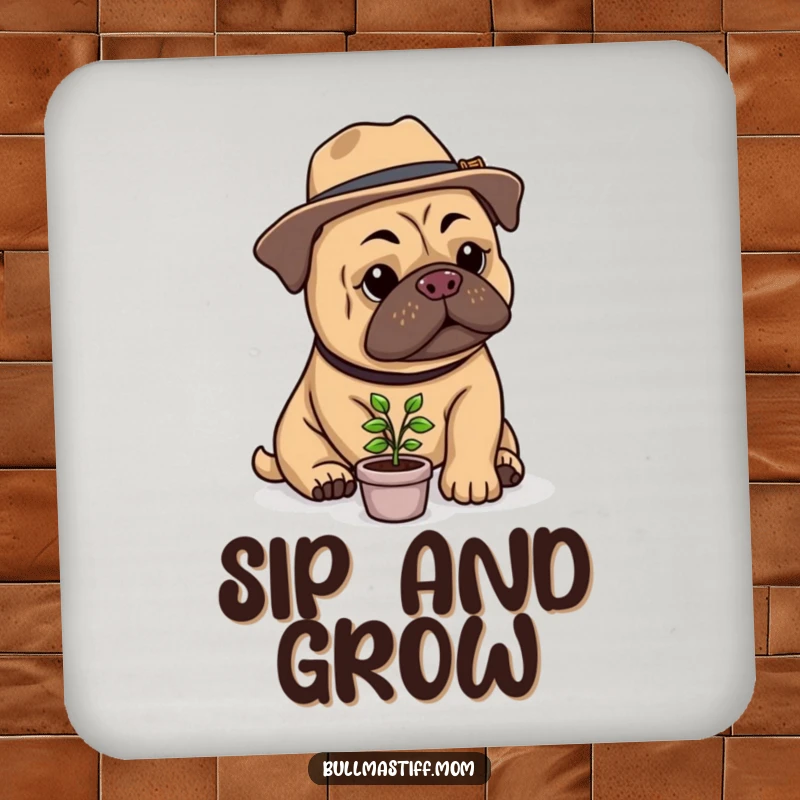 Funny Bullmastiff Gardener Coaster: A Bullmastiff with a hat tending a tiny plant, offering humorous protection for surfaces.