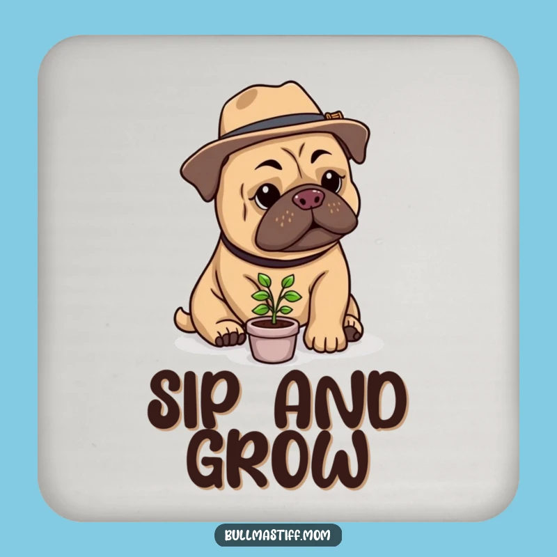 Funny Bullmastiff Gardener Coaster: Stylish Hat, Tiny Plant - Protect Surfaces Gift!