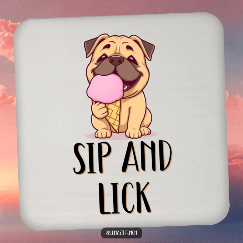 Funny Bullmastiff coaster set showing a dog with a playful grin licking a giant ice cream cone, sweet protection.