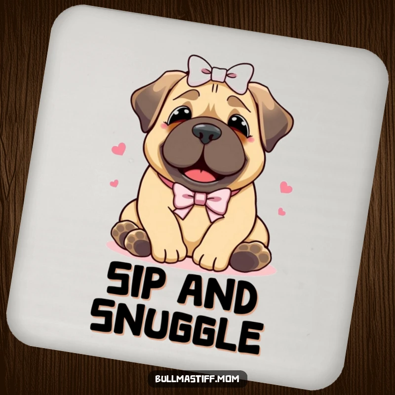 Funny Bullmastiff coasters showing a happy dog with a bow receiving a loving hug, adding heartwarming charm to your drink setup.