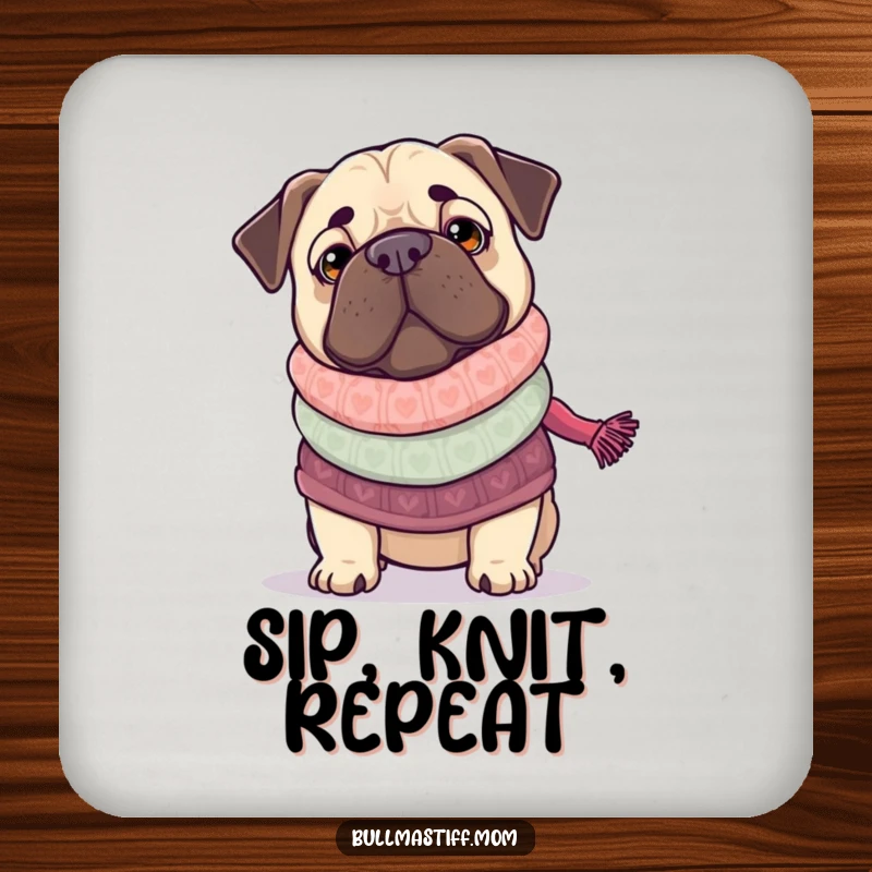 Funny Bullmastiff knitting with needles and yarn, depicted on a drink coaster for humorous protection.