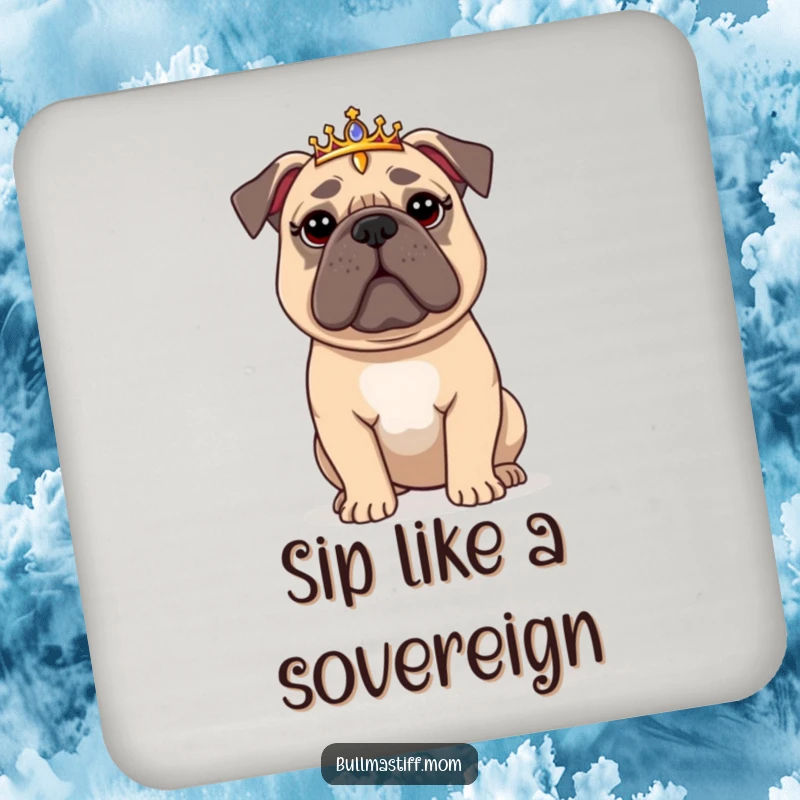 Funny Bullmastiff Coaster: A regal Bullmastiff wearing a tiara, protecting surfaces with majestic humor.