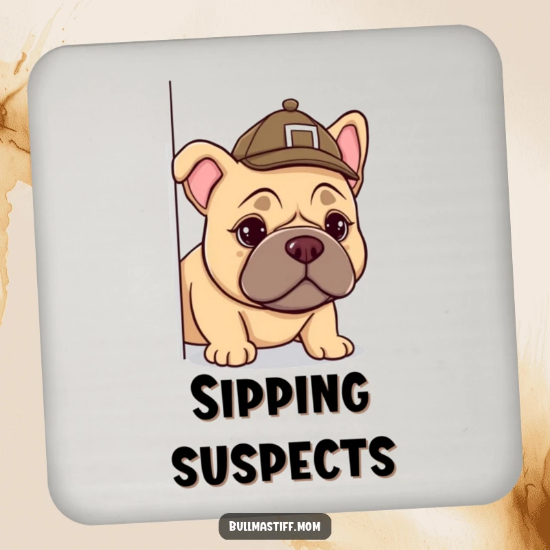 Funny Bullmastiff detective coaster, a dog in a tiny hat investigating spills, adding humor to home bars.