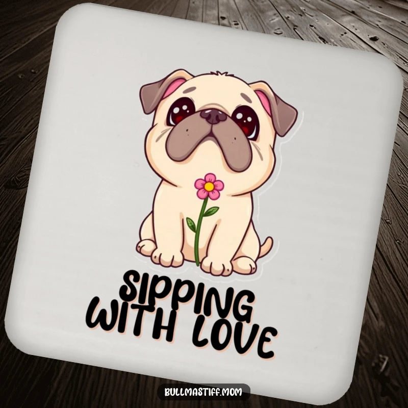 Sweet Bullmastiff flower coaster, a dog with a flower in its fur looking up adoringly, adding charm to tables.