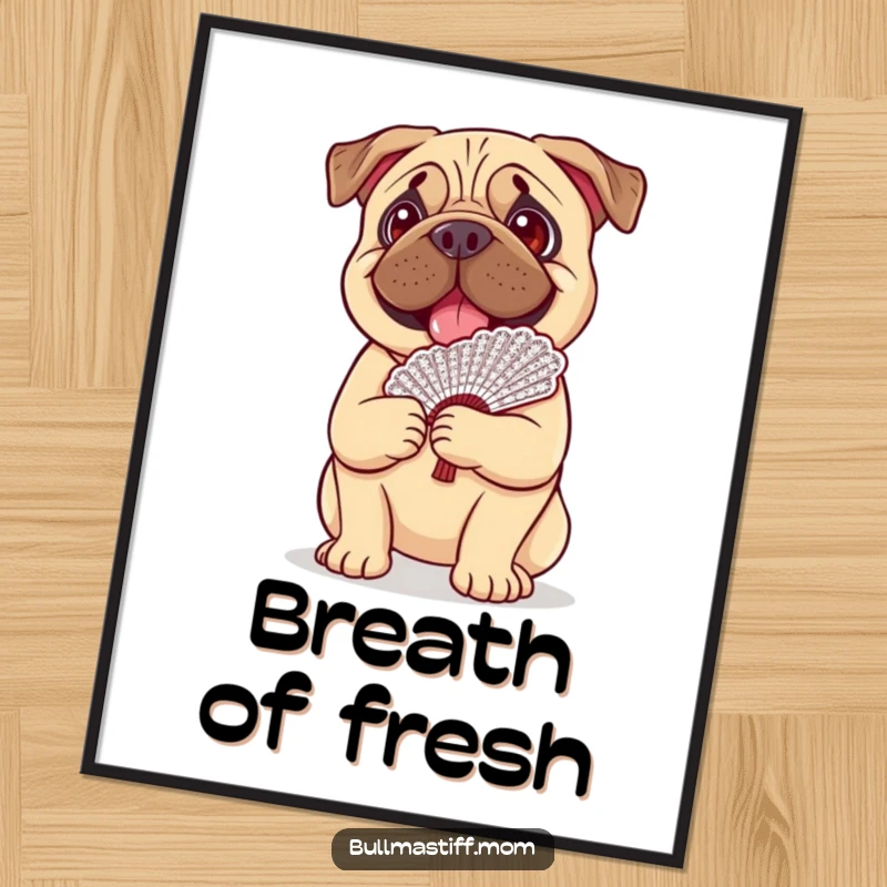 Funny Bullmastiff dog with a happy expression balancing a fancy lace fan, presented as whimsical wall art.