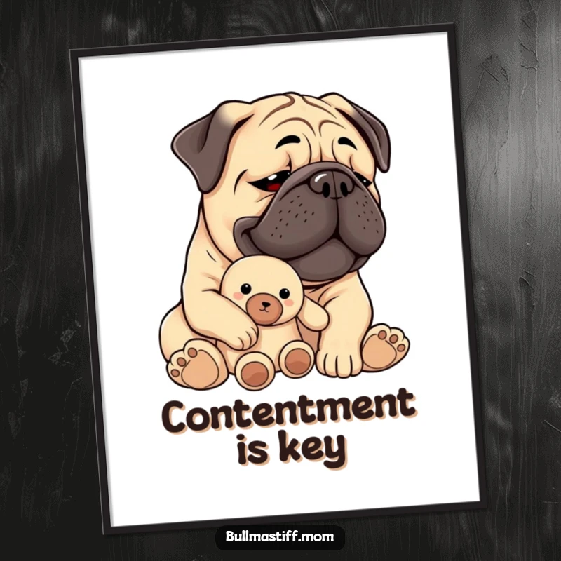 Funny Bullmastiff poster depicting a content dog holding a plush toy, radiating warmth and happiness.
