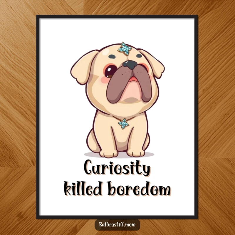 Funny Kawaii Bullmastiff Poster: An adorable Bullmastiff gazes curiously at a sparkling brooch, creating a charming and heartwarming piece of wall art.