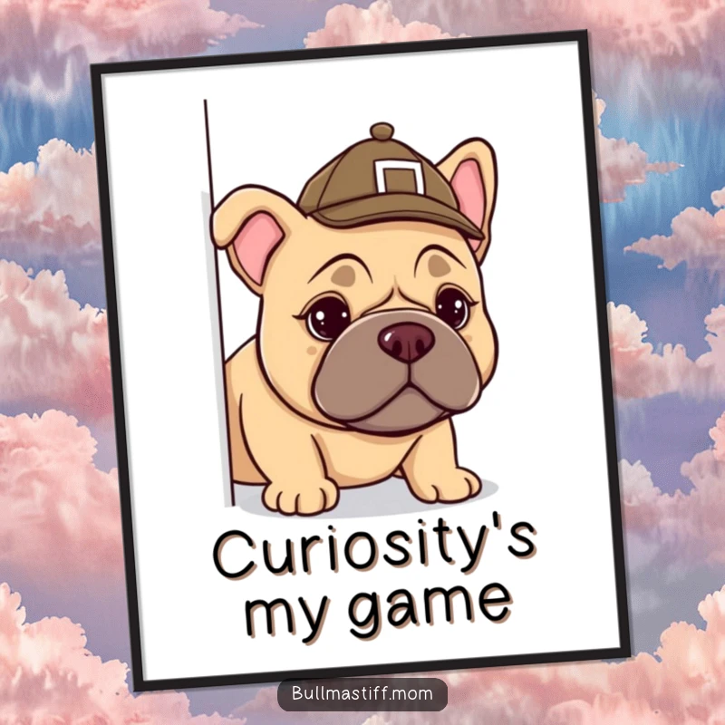 Funny Bullmastiff detective poster showing a dog with a tiny hat peeking around a corner, adding humor to wall decor.