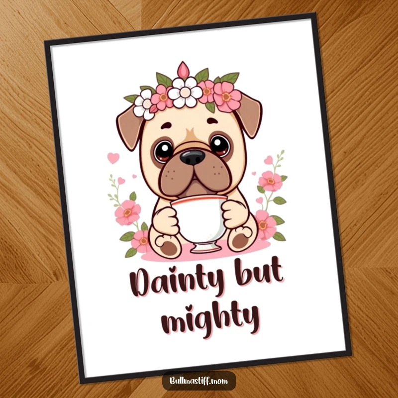 Funny Kawaii Bullmastiff Poster showing a cute dog wearing a floral crown and holding a teacup, evoking regal charm and humorous tea time.
