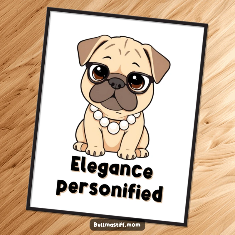 Funny Bullmastiff poster illustrating a dog adorned with a pearl necklace, adding a humorous and sophisticated touch.