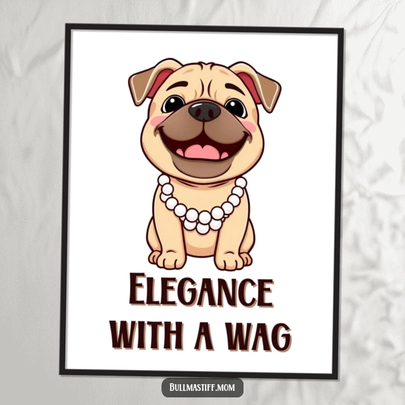 Funny, cheerful Bullmastiff dog wearing a pearl necklace, smiling broadly, depicted as elegant poster art.