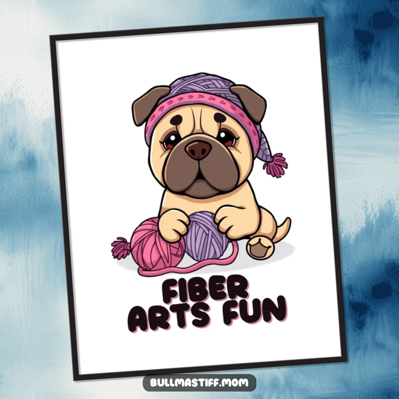 Funny Bullmastiff dog wearing a knit hat, happily playing with yarn, depicted on a charming poster, a humorous gift.