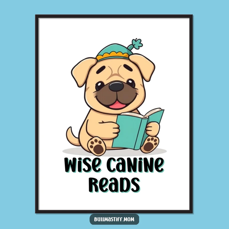 Funny Bookish Bullmastiff Poster: Smart Dog Art Print, Excellent Funny Gift