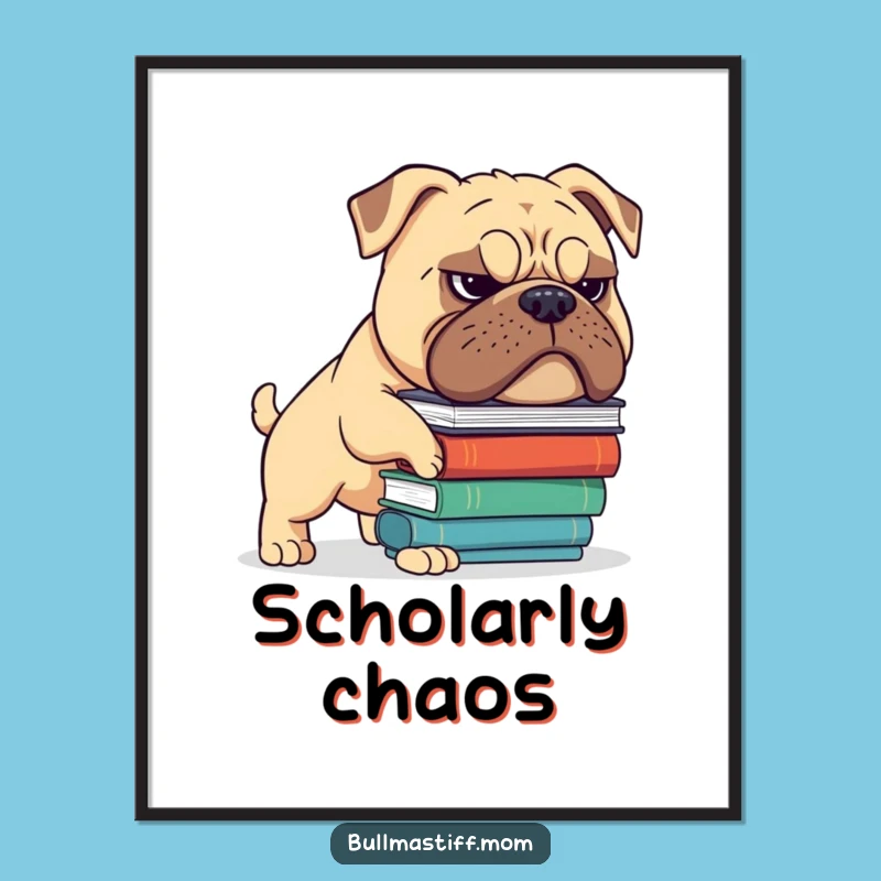 Funny Bullmastiff Book Balance Poster: Grimace Scholar Art, Hilarious Library Decor, Perfect Gift