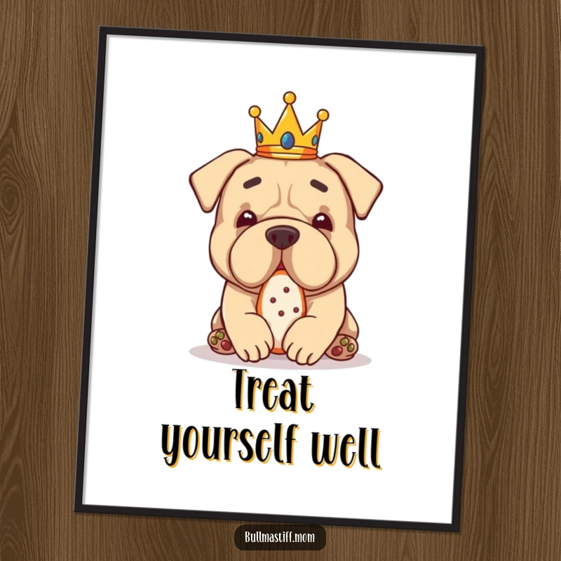 Funny Bullmastiff wearing a tiny crown, blissfully enjoying a treat, a humorous and regal art print.