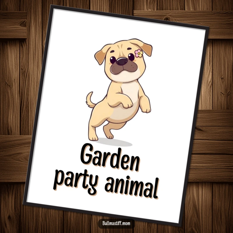 Funny Bullmastiff poster featuring a dog with a flower in its ear, prancing gracefully, creating a beautiful and humorous visual.