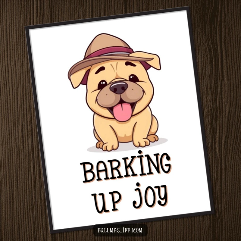 Funny Bullmastiff Poster depicting a happy dog in a silly hat, joyfully barking, adding cheerful humor to any room.