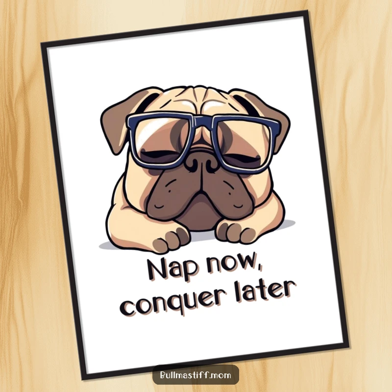 Funny Bullmastiff poster featuring a dog wearing oversized glasses, sleeping soundly, adding a humorous touch to wall decor.