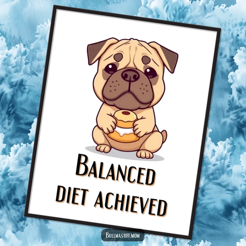 Funny Bullmastiff Poster: A gentle Bullmastiff artfully balances a small pastry on its nose, creating a humorous and heartwarming wall decoration.