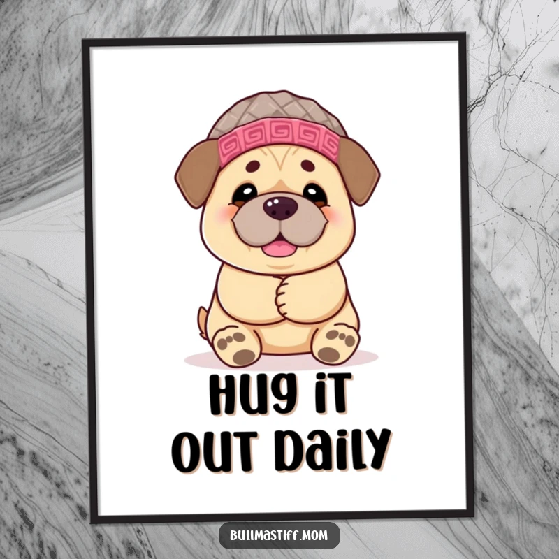 Funny Bullmastiff poster of a chemoerful dog in a cozy hat, arms wide open, giving a big, comforting, and humorous hug.