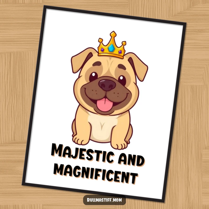 Funny Bullmastiff Poster: A smiling bullmastiff crowned and waving, regal and humorous wall art.