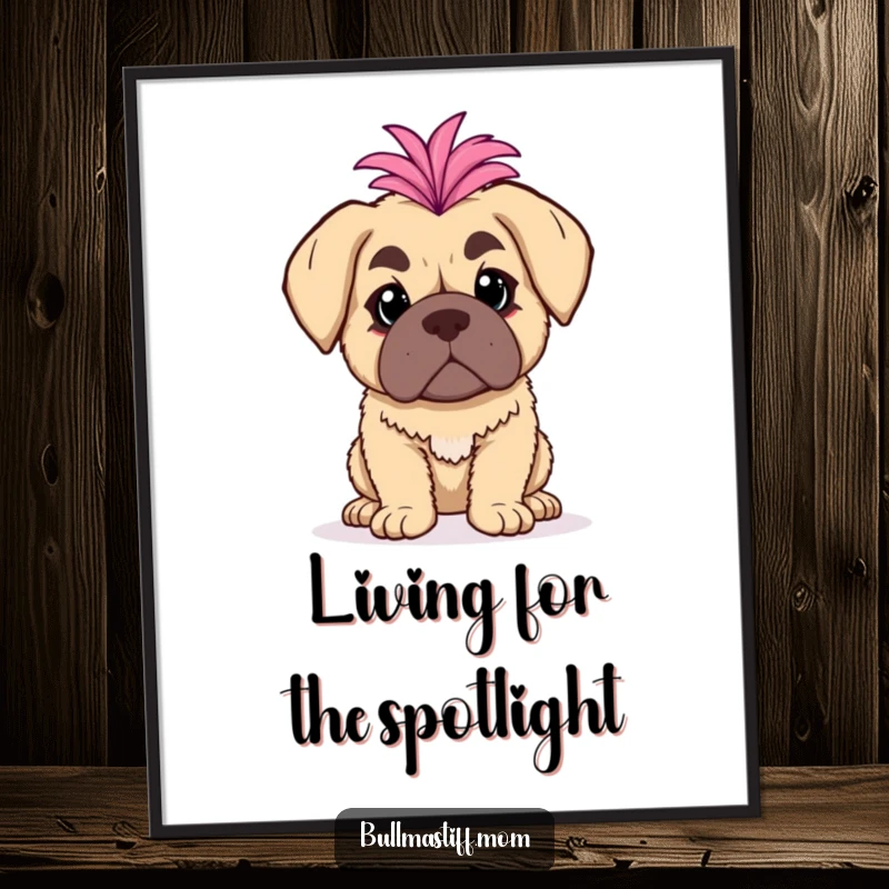 Funny Bullmastiff Poster: A bullmastiff with a fluffy boa poses dramatically, humorous theatrical art.