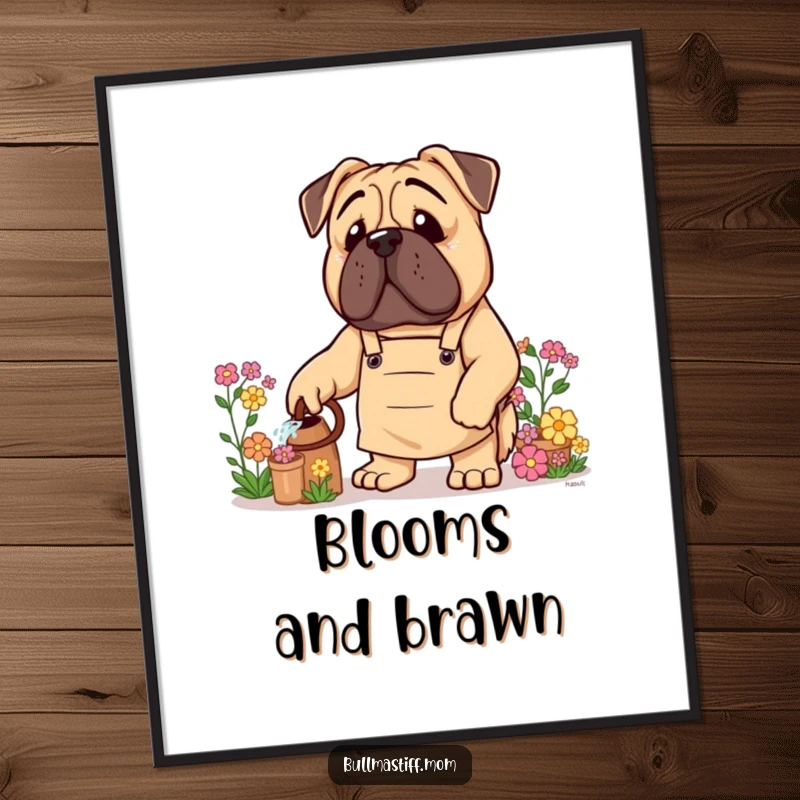 Funny Bullmastiff Poster: A Bullmastiff dog in a gardening apron is shown watering a blooming flower.