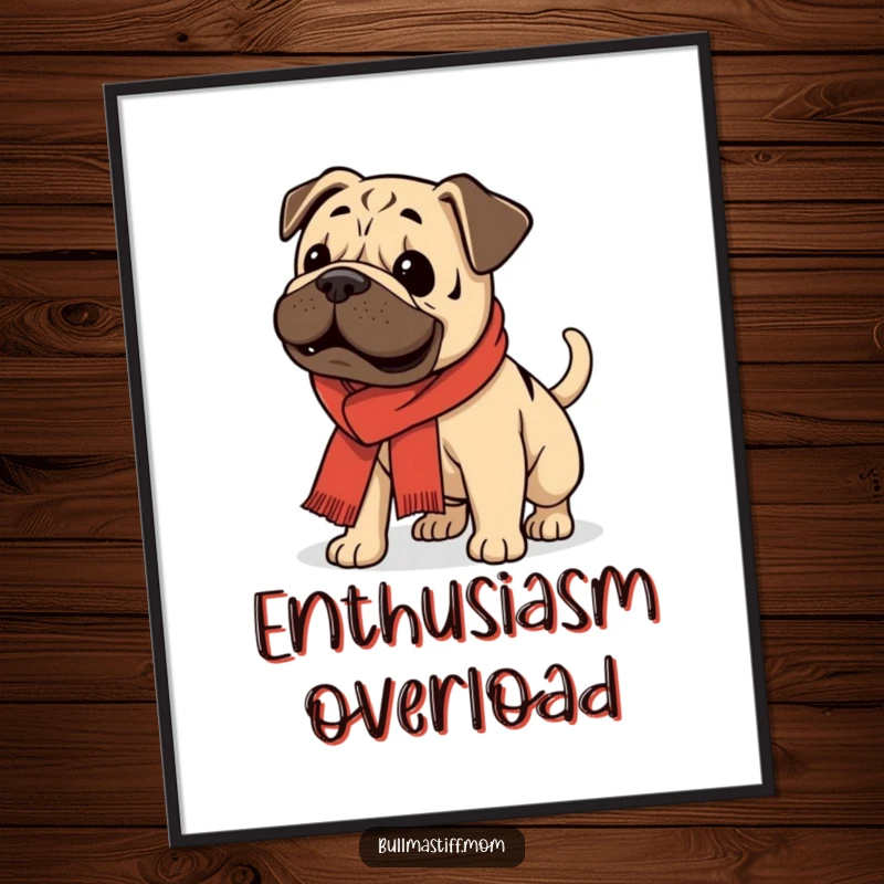 Funny Bullmastiff wearing a scarf, its tail wagging vigorously with excitement, depicted in a vibrant poster.