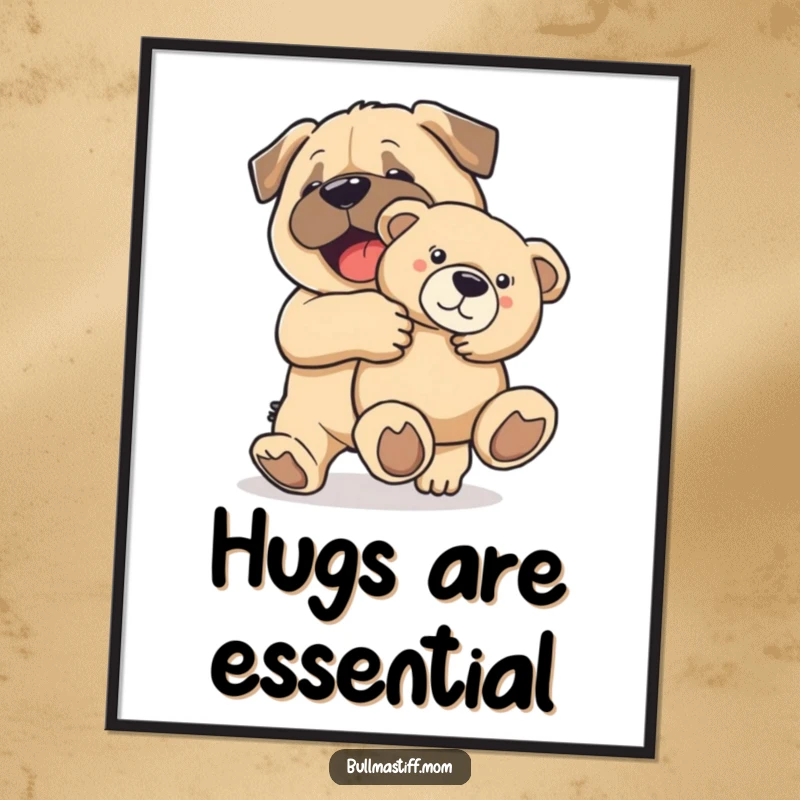 Funny illustration of a Bullmastiff dog joyfully carrying a large teddy bear, perfect for wall art.