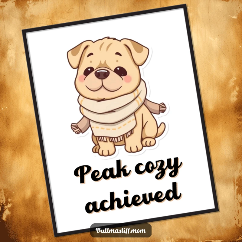 Funny Bullmastiff poster art of a content dog wearing a soft scarf, looking cozy and perfectly happy. Great wall decor.