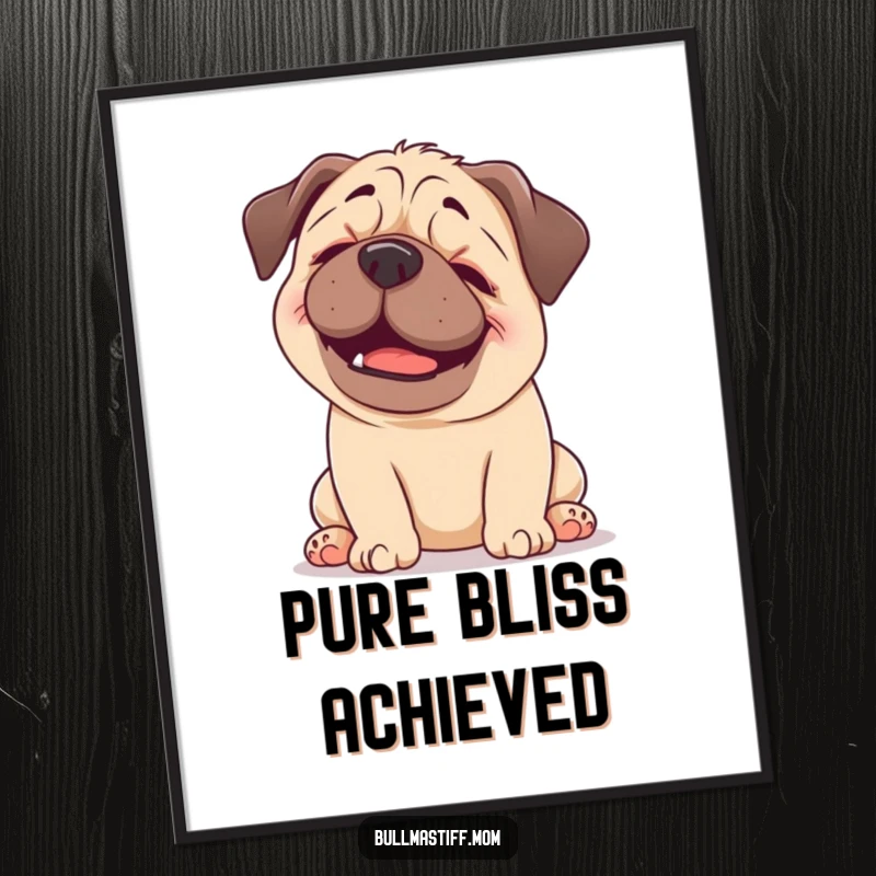 Funny Bullmastiff poster of a happy dog blissfully enjoying a gentle head scratch, conveying pure joy and humor for wall decor.