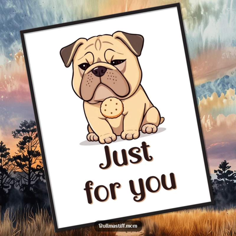 Funny Bullmastiff dog with a sly wink offering a delicate tea biscuit, presented as humorous wall art.