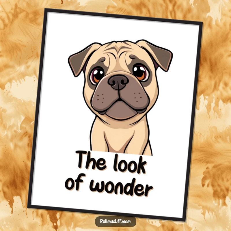 Funny Bullmastiff poster illustrating a dog tilting its head with bright, curious eyes, full of intrigue.