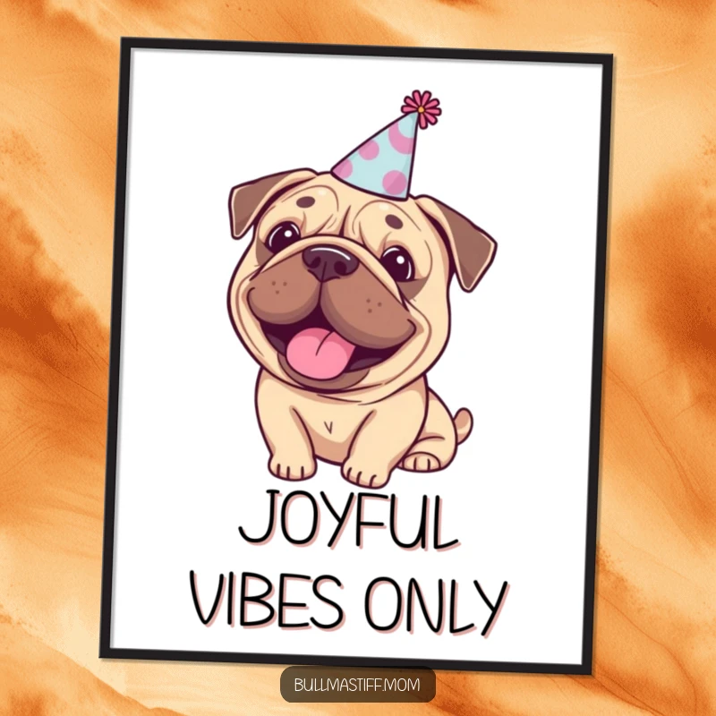 Funny Bullmastiff party poster, a happy dog with a tiny party hat, ideal for festive wall decor.