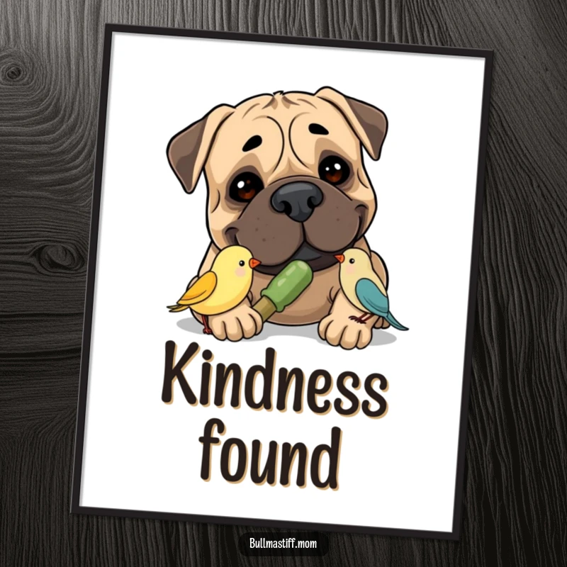 Funny Bullmastiff Poster depicting a smiling Bullmastiff sharing a chew toy with a tiny bird, perfect for adding heartwarming humor.