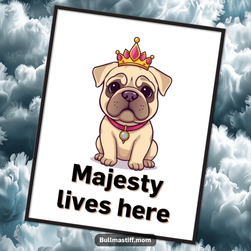 Funny Bullmastiff posing regally while wearing a fancy tiara, a humorous and elegant wall art.