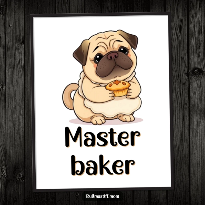 Funny Bullmastiff poster showing a dog in a fluffy apron, gently cradling a tiny pie, perfect for kitchen wall art.