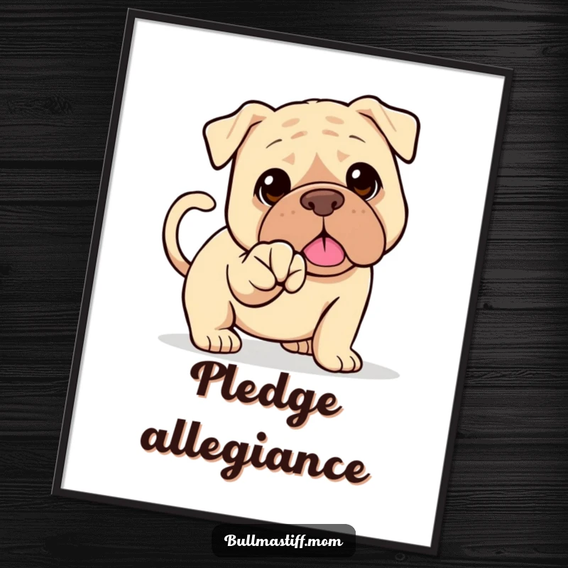 Funny Bullmastiff poster art of a happy dog with a wagging tail offering its paw for a handshake. Friendly decor.