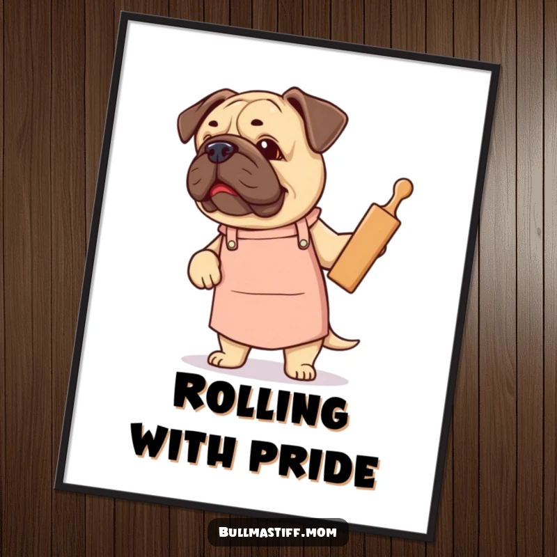 Funny Bullmastiff poster showing a dog wearing a cute apron and proudly holding a rolling pin, baking art.