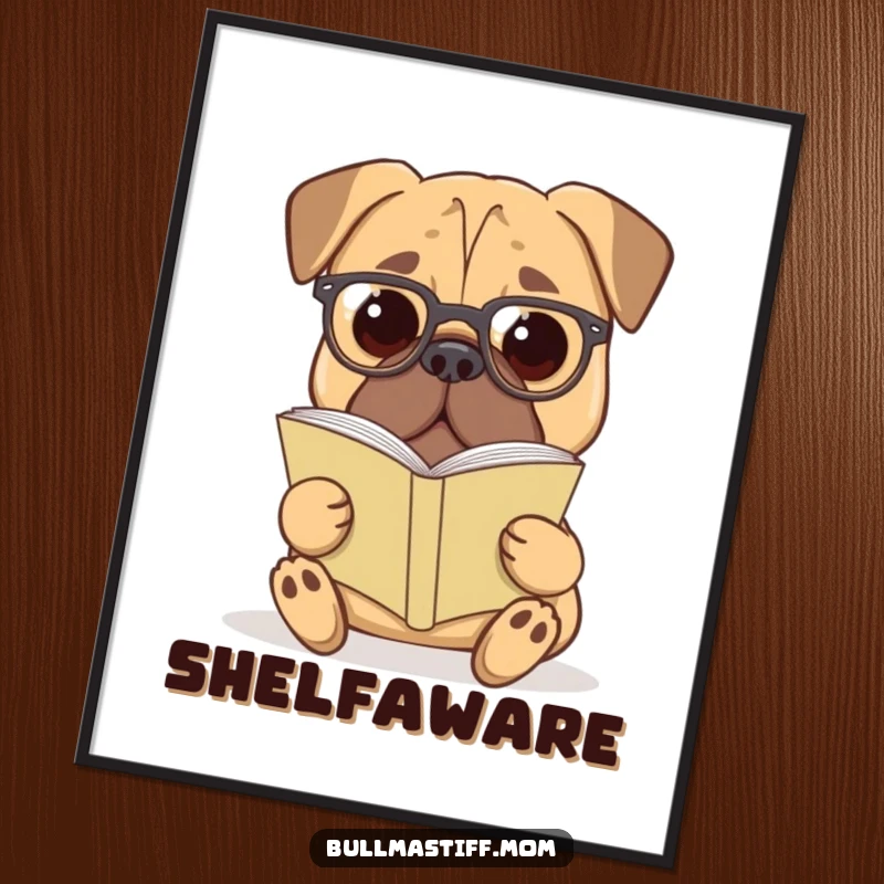 Funny Bullmastiff Poster: A Bullmastiff dog sits attentively, wearing reading glasses and engrossed in a book.
