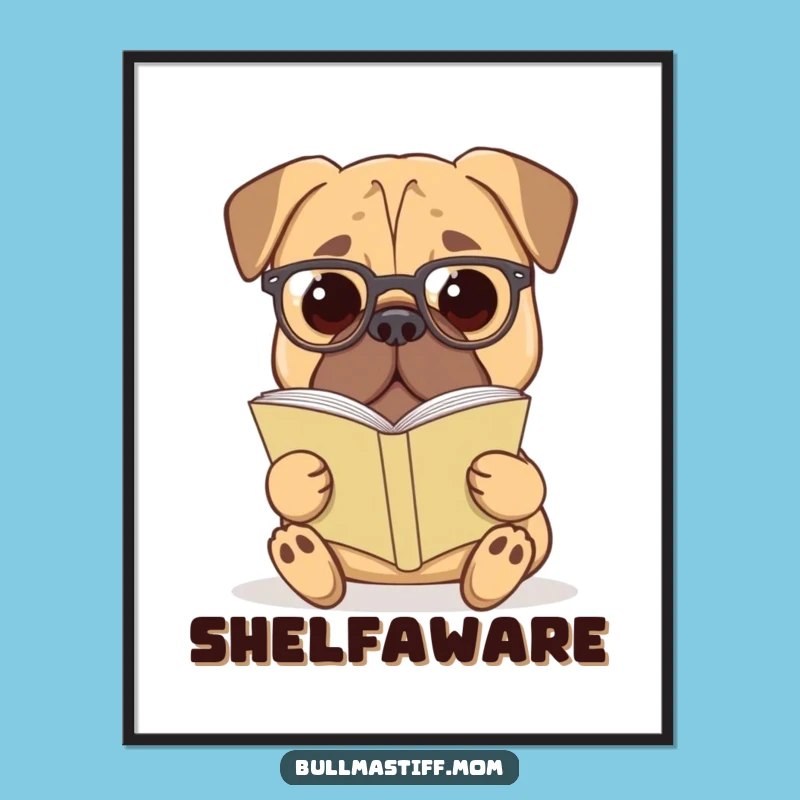 Funny Bullmastiff Poster: Scholarly Dog with Glasses Art, Literary Decor Funny Gift