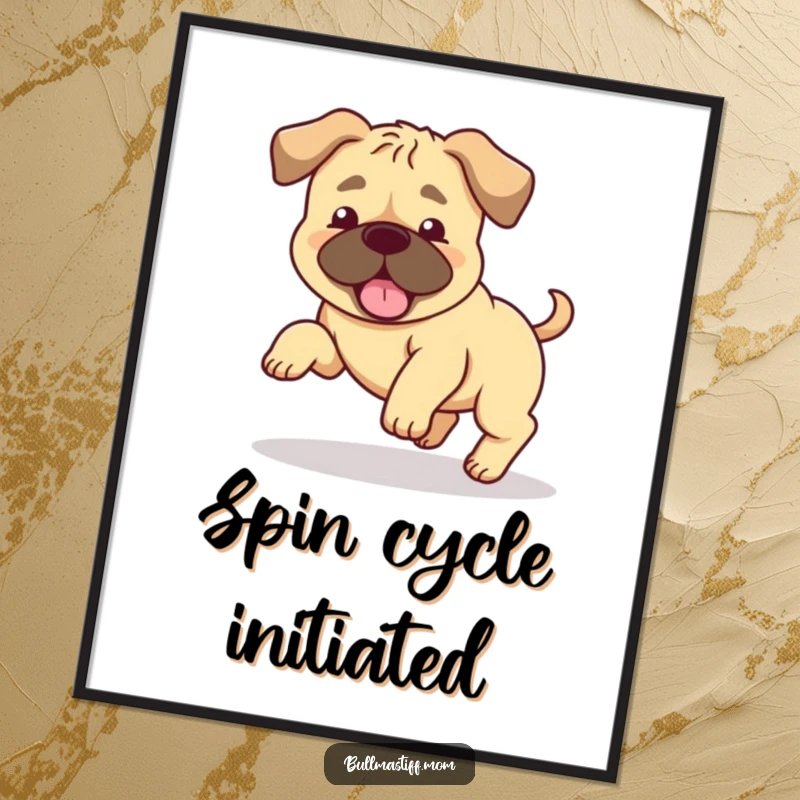 Funny Bullmastiff poster art of a happy dog with floppy ears in a comical, spinning tail-chasing pose. Great wall art.