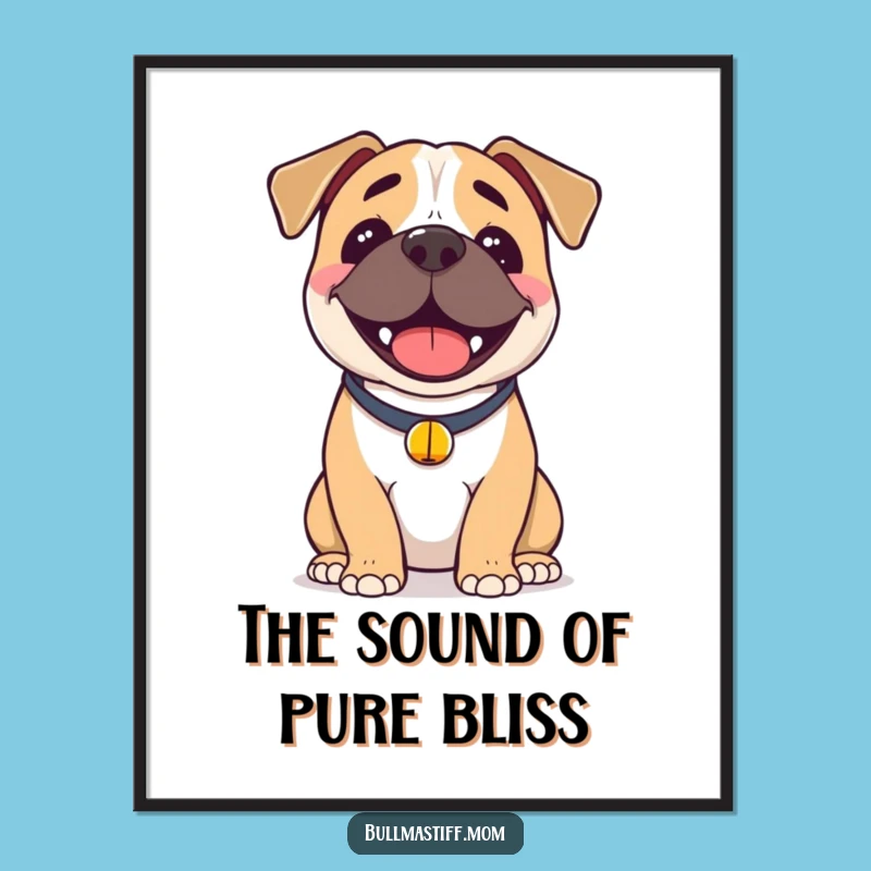 Funny Happy Bullmastiff Poster: Joyful Dog with Bell Art, Cheerful Decor