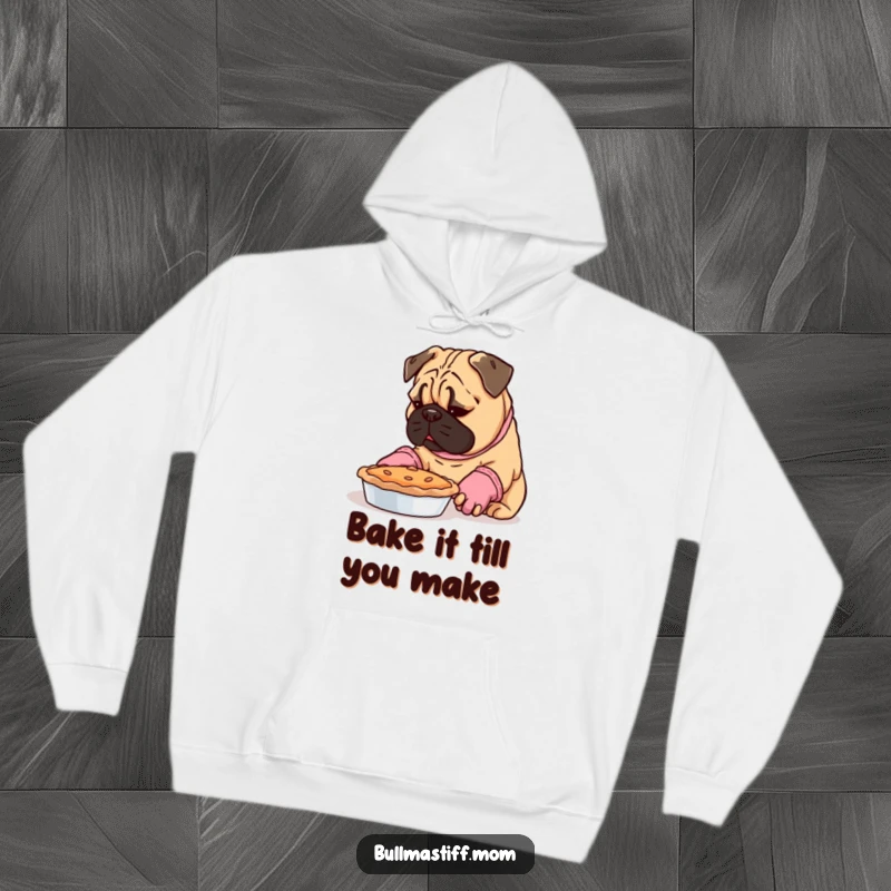 Funny Bullmastiff in oven mitts, meticulously inspecting a pie, a humorous and cozy hoodie design.