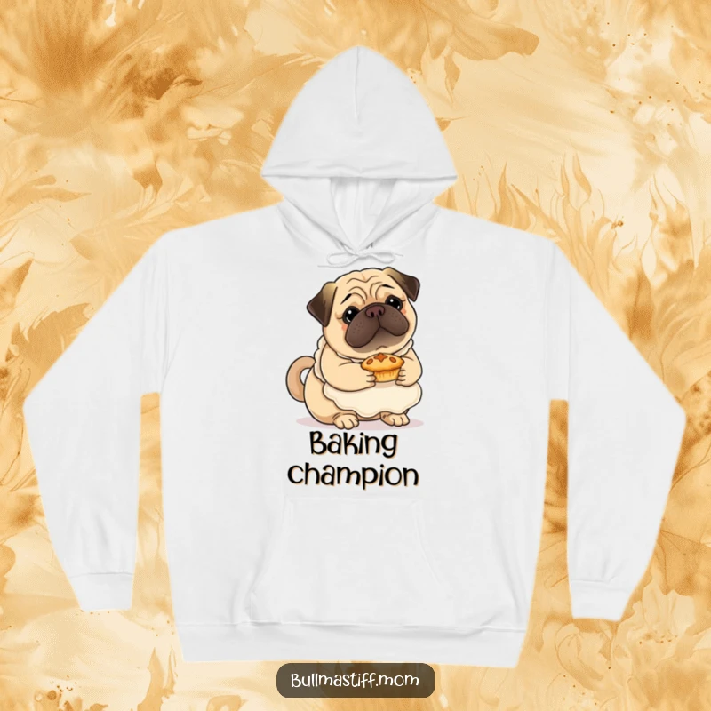 Funny Bullmastiff hoodie with a dog wearing a fluffy apron, gently holding a small pie, offering warmth and baking joy.