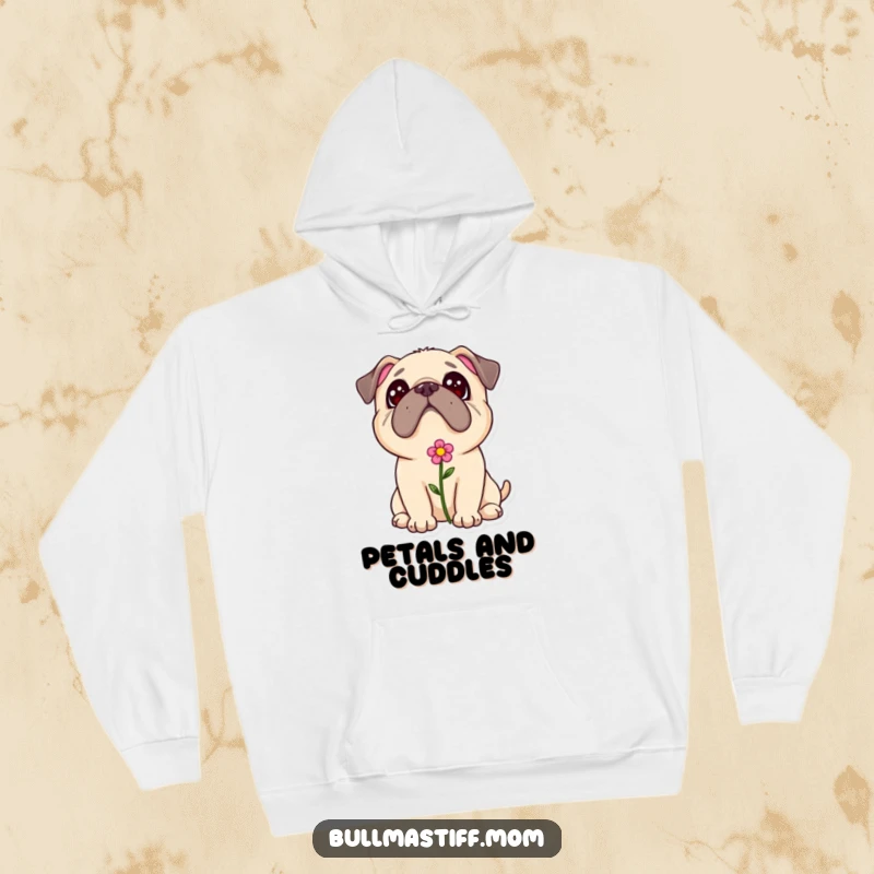 Cozy Bullmastiff flower hoodie, a dog with a flower in its fur looking up adoringly, ideal for feeling loved.