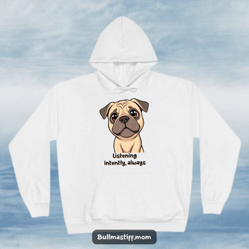 Funny Bullmastiff hoodie featuring a dog tilting its head with bright, curious eyes, inviting contemplation.