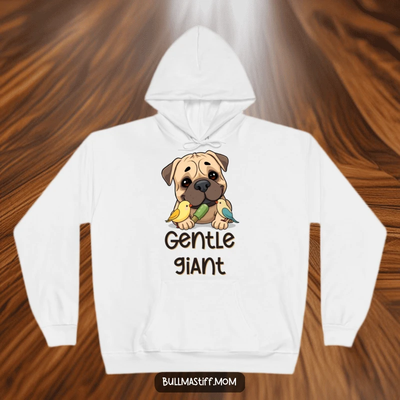 Funny Bullmastiff Hoodie illustrating a gentle Bullmastiff smiling, sharing a chew toy with a tiny bird, perfect for cozy kindness.