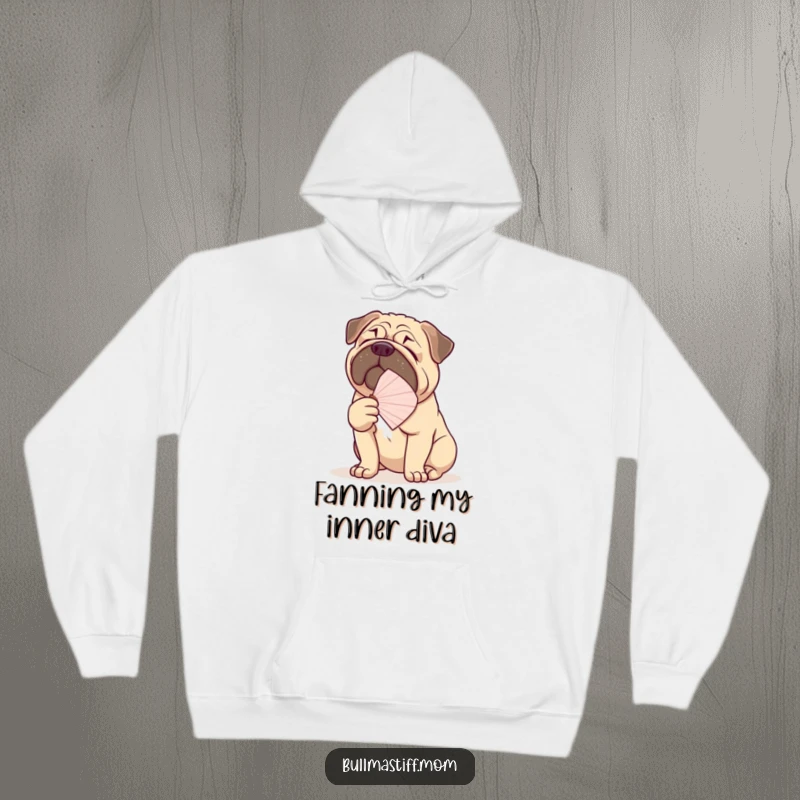 Funny Bullmastiff hoodie showing a large, regal dog fanning itself with a delicate fan, exuding cozy sophistication.